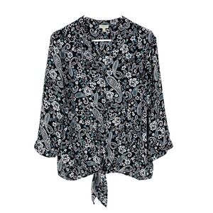 Talbots Blouse Top Womens Size L Black Paisley‎ Popover Button Up Tie Waist